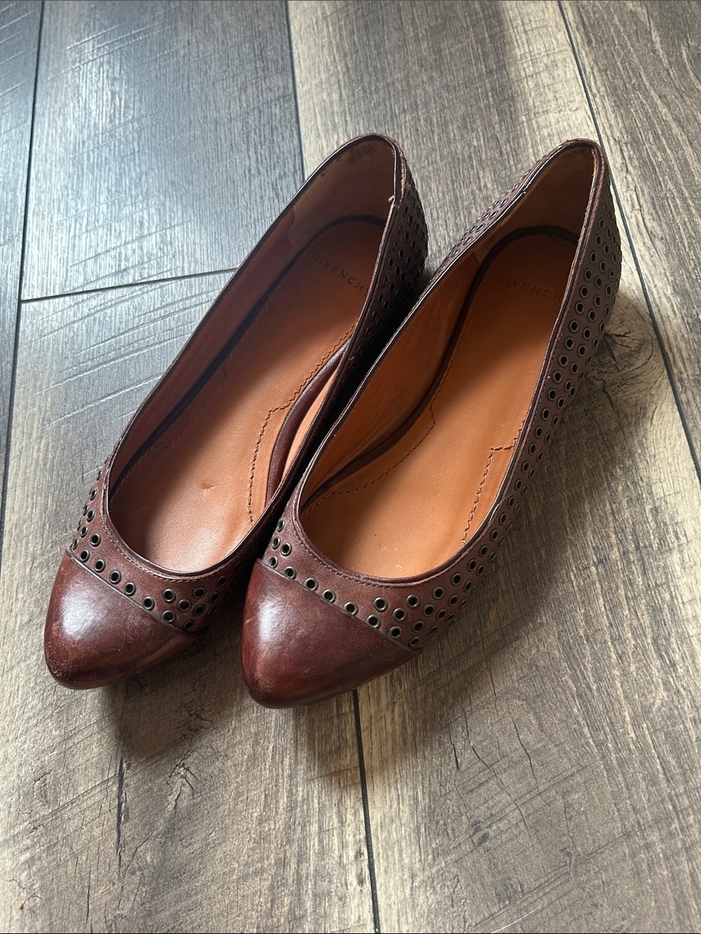 Givenchy Brown Leather Studded Pointed-Toe Flats - Picture 2 of 10